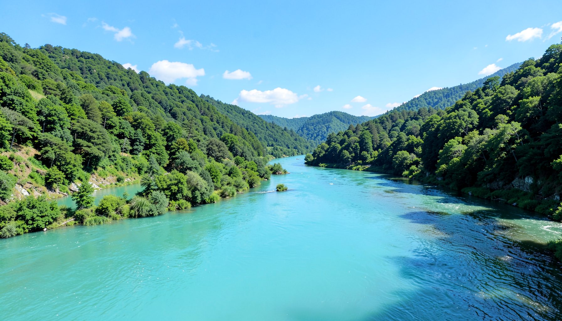 A wide river valley with turquoise water winding through green forested hills under a bright blue sky, conveying natural beauty and tranquility